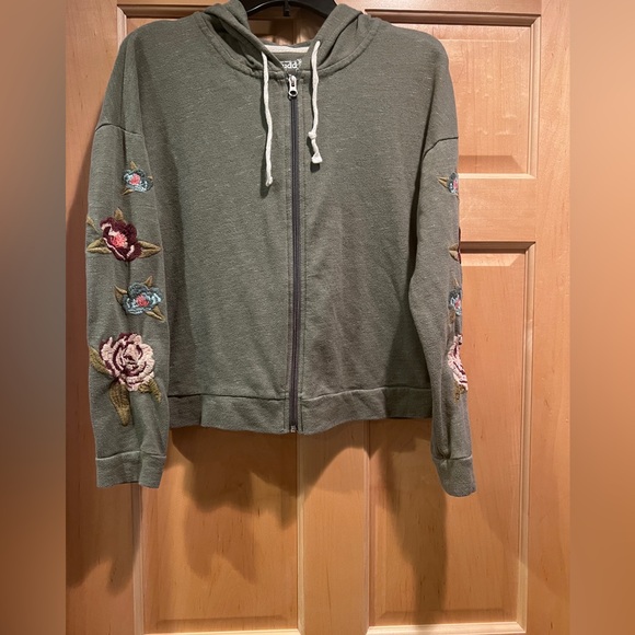 Y2K Mudd Olive Green Floral Long Sleeve Zip Up Vintage Crop Hoodie Womens Size L - Picture 2 of 8